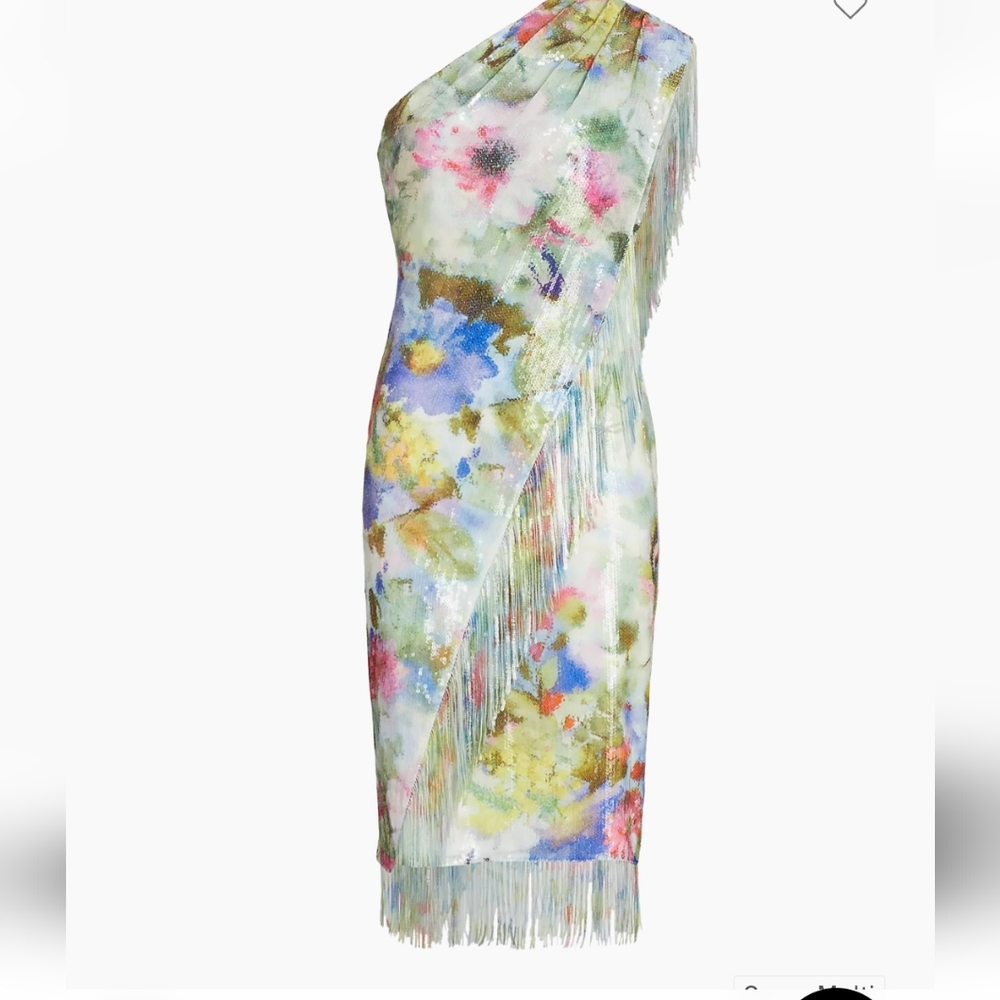 BADGLEY MISCHKA Green Multi Fringe Sequin Floral One Shoulder Dress - Picture 3 of 17